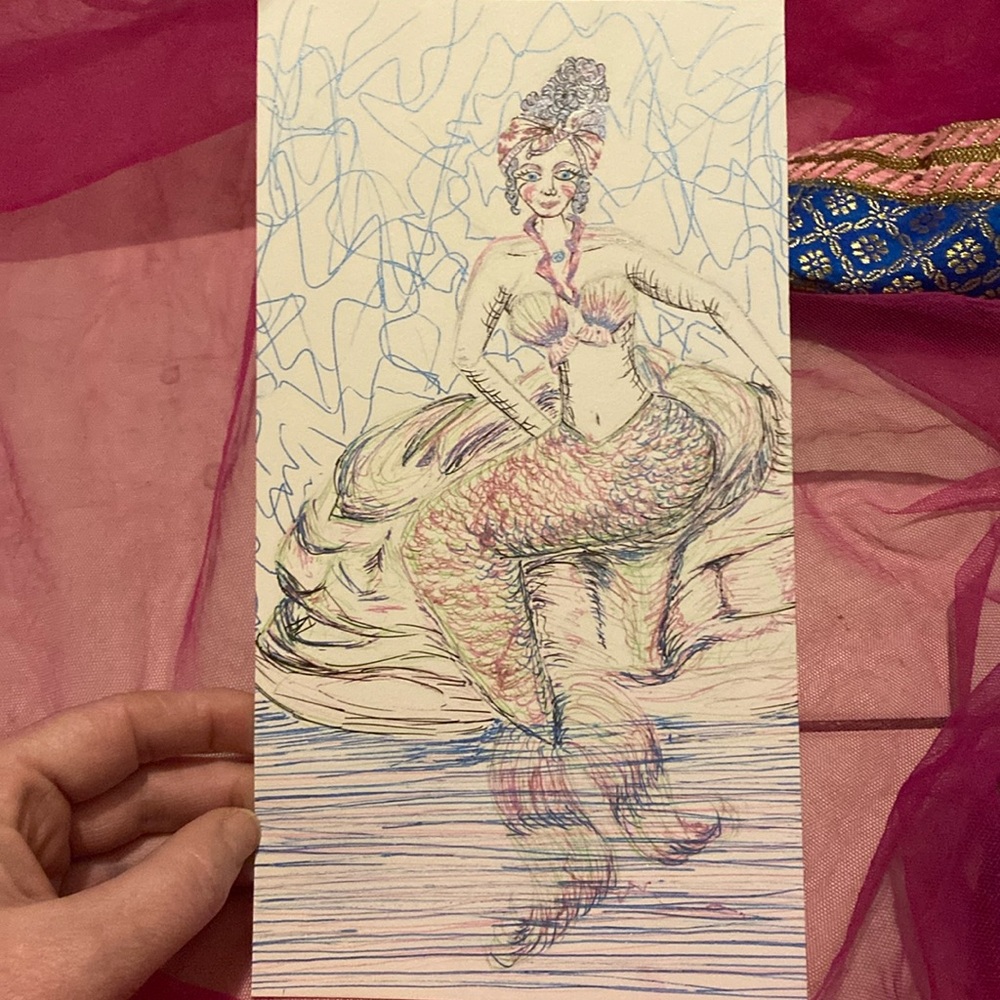 Unframed Original Art Drawing Illustration Ink & Gel Pen on Paper Mermaid By Sea